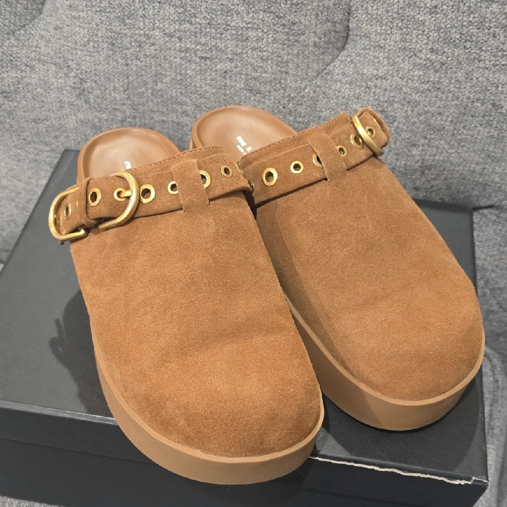 Rag & Bone Tan Suede Mules with Gold Accents